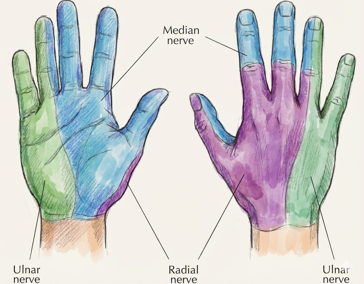 Human hand nerve distribution diagram