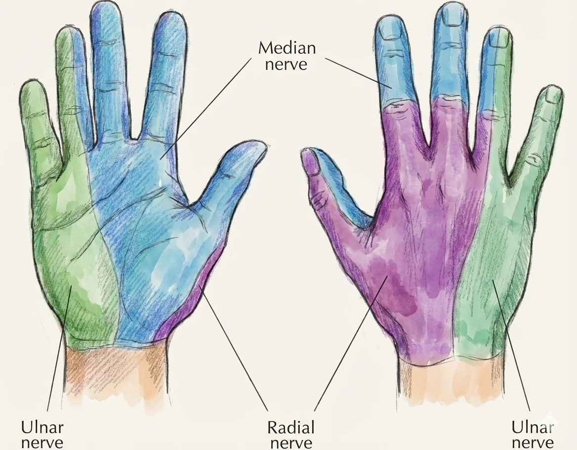 Human hand nerve distribution diagram